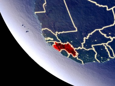 Yörünge görünümü parlak şehir ışıkları ile gece Gine. Çok detaylı plastik gezegenin yüzey. 3D çizim. Nasa tarafından döşenmiş bu görüntü unsurları.
