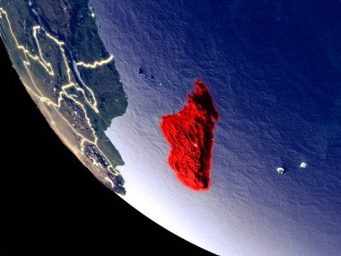 Madagaskar yörünge görünümü parlak şehir ışıkları ile gece. Çok detaylı plastik gezegenin yüzey. 3D çizim. Nasa tarafından döşenmiş bu görüntü unsurları.