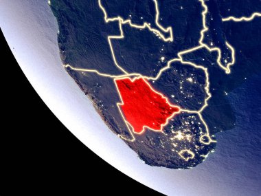 Botsvana yörünge görünümü parlak şehir ışıkları ile gece. Çok detaylı plastik gezegenin yüzey. 3D çizim. Nasa tarafından döşenmiş bu görüntü unsurları.