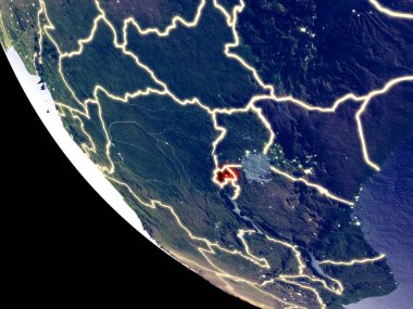 Ruanda yörünge görünümü parlak şehir ışıkları ile gece. Çok detaylı plastik gezegenin yüzey. 3D çizim. Nasa tarafından döşenmiş bu görüntü unsurları.
