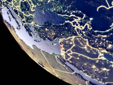 Lübnan'ın yörünge görünümü parlak şehir ışıkları ile gece. Çok detaylı plastik gezegenin yüzey. 3D çizim. Nasa tarafından döşenmiş bu görüntü unsurları.