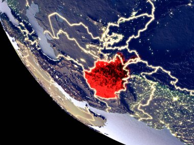 Afganistan'ın yörünge görünümü parlak şehir ışıkları ile gece. Çok detaylı plastik gezegenin yüzey. 3D çizim. Nasa tarafından döşenmiş bu görüntü unsurları.