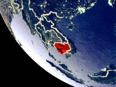 Yörünge görünümü parlak şehir ışıkları ile gece Kamboçya. Çok detaylı plastik gezegenin yüzey. 3D çizim. Nasa tarafından döşenmiş bu görüntü unsurları.