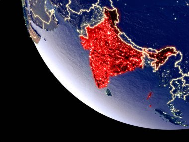 Yörünge görünümü parlak şehir ışıkları ile gece Hindistan. Çok detaylı plastik gezegenin yüzey. 3D çizim. Nasa tarafından döşenmiş bu görüntü unsurları.