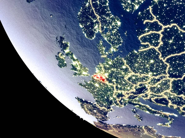 Вид Бельгию Ночью Яркими Городскими Огнями Подробная Пластиковая Поверхность Планеты — стоковое фото