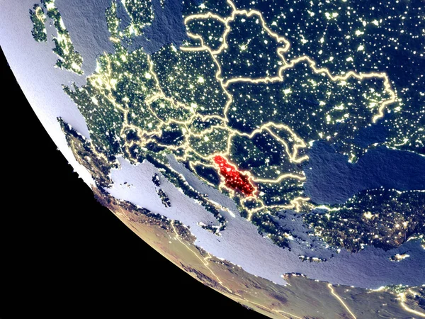 Вид Сербию Ночью Яркими Огнями Города Подробная Пластиковая Поверхность Планеты — стоковое фото
