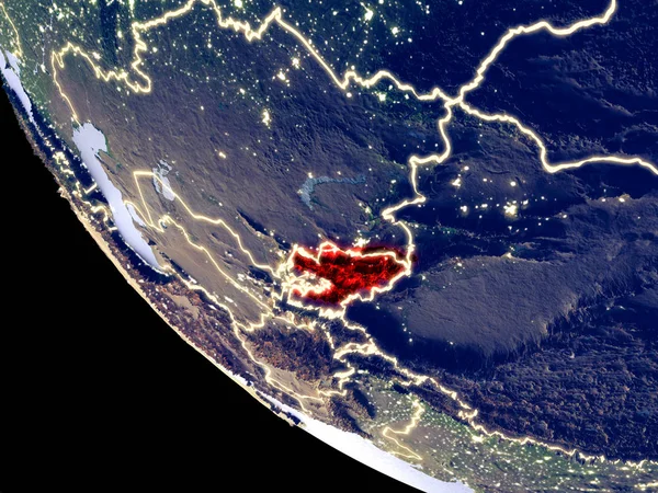 Обзор Орбиты Киргизии Ночью Ярким Городским Освещением Подробная Пластиковая Поверхность — стоковое фото