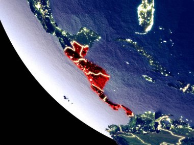 Orta Amerika'nın yörünge görünümü parlak şehir ışıkları ile gece. Çok detaylı plastik gezegenin yüzey. 3D çizim. Nasa tarafından döşenmiş bu görüntü unsurları.