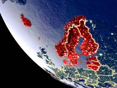 Kuzey Avrupa yörünge görünümü parlak şehir ışıkları ile gece. Çok detaylı plastik gezegenin yüzey. 3D çizim. Nasa tarafından döşenmiş bu görüntü unsurları.