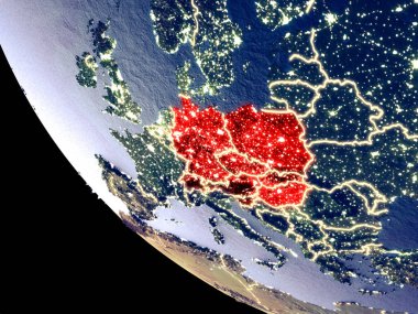 Orta Avrupa yörünge görünümü parlak şehir ışıkları ile gece. Çok detaylı plastik gezegenin yüzey. 3D çizim. Nasa tarafından döşenmiş bu görüntü unsurları.