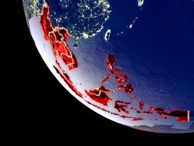 Görünüm Güney Doğu Asya parlak şehir ışıkları ile gece yörünge. Çok detaylı plastik gezegenin yüzey. 3D çizim. Nasa tarafından döşenmiş bu görüntü unsurları.
