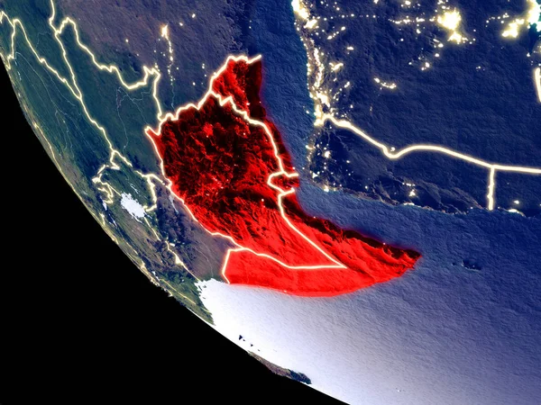 Orbit view of Horn of Africa at night with bright city lights. Very detailed plastic planet surface. 3D illustration. Elements of this image furnished by NASA.