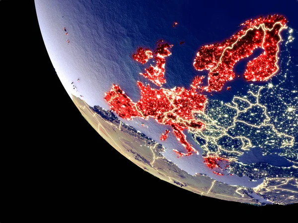 Orbit view of Western Europe at night with bright city lights. Very detailed plastic planet surface. 3D illustration. Elements of this image furnished by NASA.