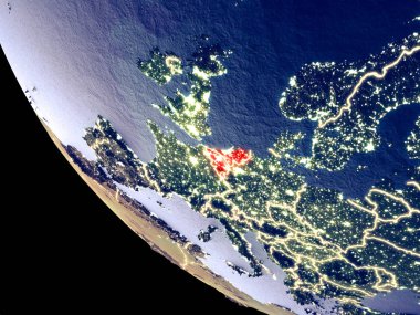 Yörünge görünümü parlak şehir ışıkları ile gece Benelux Birliği'nin. Çok detaylı plastik gezegenin yüzey. 3D çizim. Nasa tarafından döşenmiş bu görüntü unsurları.