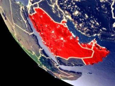 Yörünge görünümü parlak şehir ışıkları ile gece Ccasg ülkelerin. Çok detaylı plastik gezegenin yüzey. 3D çizim. Nasa tarafından döşenmiş bu görüntü unsurları.