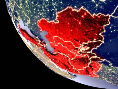 Yörünge görünümü, Eko üye devletlerin parlak şehir ışıkları ile gece. Çok detaylı plastik gezegenin yüzey. 3D çizim. Nasa tarafından döşenmiş bu görüntü unsurları.