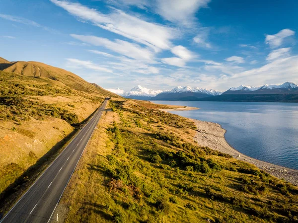 Estrada Panorâmica Pelo Lago Pukaki Que Leva Parque Nacional Mount — Fotografia de Stock