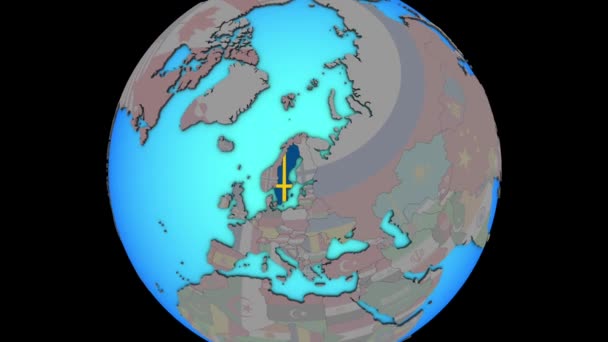 Швеция с флагом на 3D карте — стоковое видео