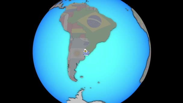 Uruguay mit fahne auf 3d karte — Stockvideo