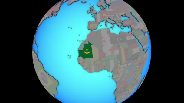 Mauritania dengan bendera di peta 3D — Stok Video