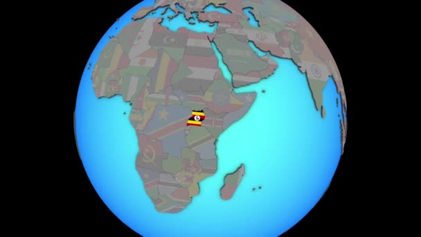 Uganda mit Fahne auf 3D-Karte — Stockvideo
