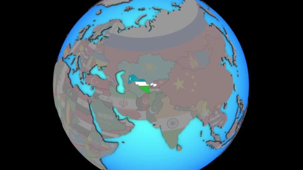 Узбекистан з прапором по 3D карті — стокове відео