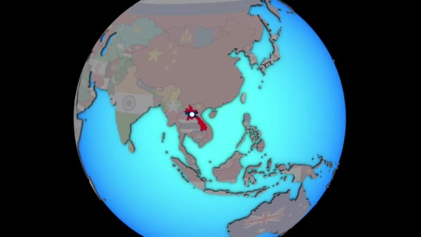Лаос с флагом на 3D карте — стоковое видео