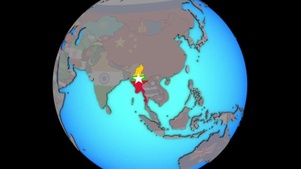 Мьянма с флагом на 3D карте — стоковое видео