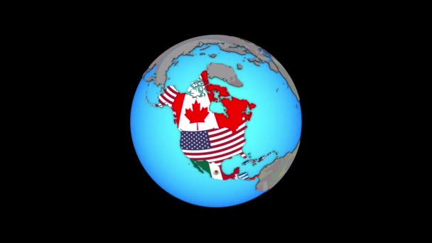 North America with flags on 3D map — Stock Video