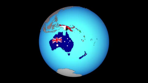 Australië met vlaggen op 3D-kaart — Stockvideo