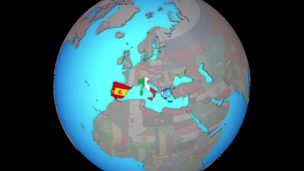 Sul da Europa com bandeiras no mapa 3D — Vídeo de Stock