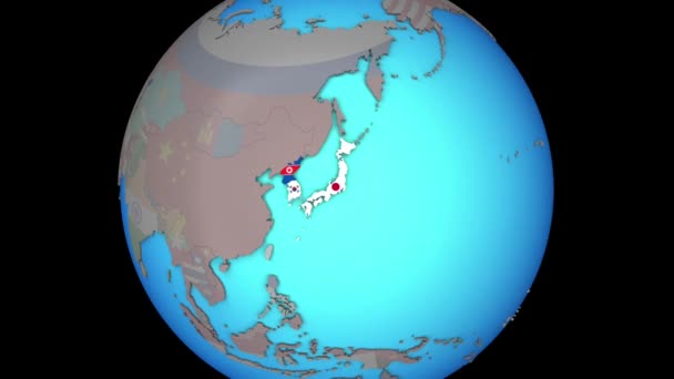 Japão e Coreia com bandeiras no mapa 3D — Vídeo de Stock