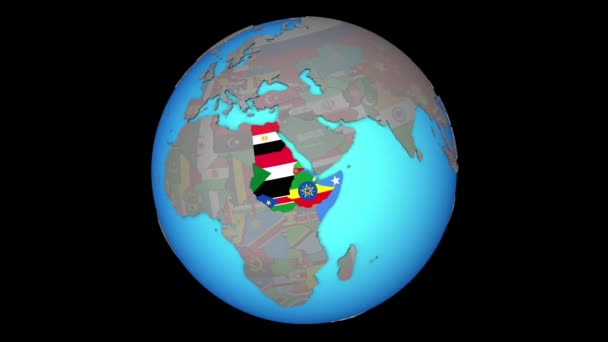 Noreste de África con banderas en el mapa 3D — Vídeo de stock