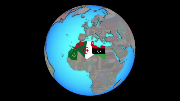 Região do Magrebe com bandeiras no mapa 3D — Vídeo de Stock