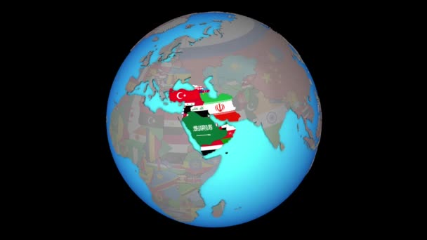Western Asia with flags on 3D map — 비디오