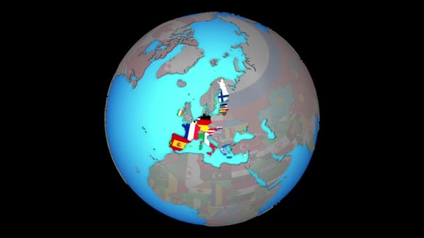 Страны-члены Еврозоны с флагами на 3D карте — стоковое видео