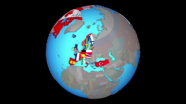 Miembros europeos de la OCDE con banderas en el mapa 3D — Vídeo de stock