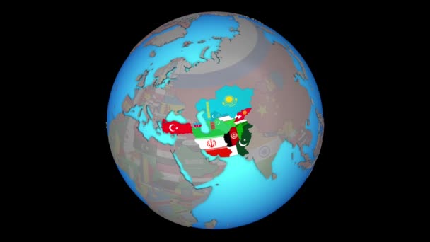 Estados membros da ECO com bandeiras no mapa 3D — Vídeo de Stock