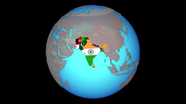 Τα κράτη μέλη της SAARC με σημαίες σε χάρτη 3D — Αρχείο Βίντεο