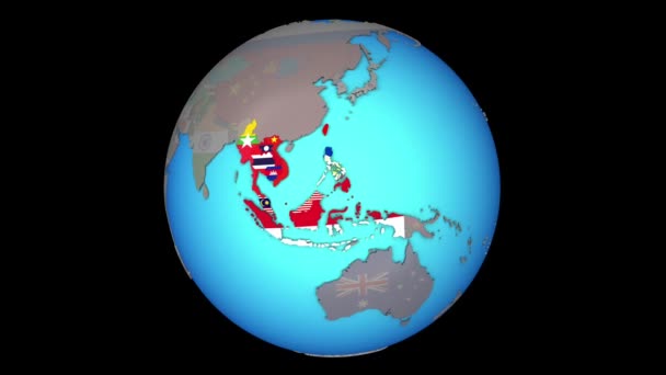 ASEAN-lidstaten met vlaggen op 3D-kaart — Stockvideo