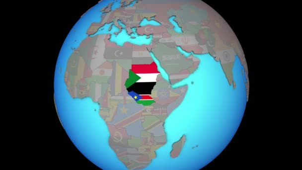 Бывший Судан с флагами на 3D карте — стоковое видео