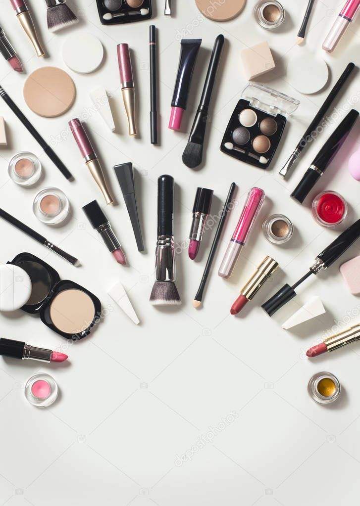 Flat lay view cosmestic products on white background. Text space image.