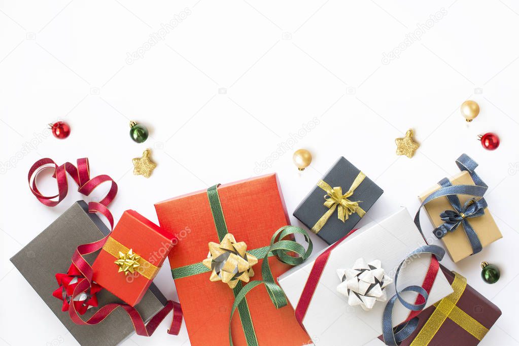 Wrapped gift boxes on white background.