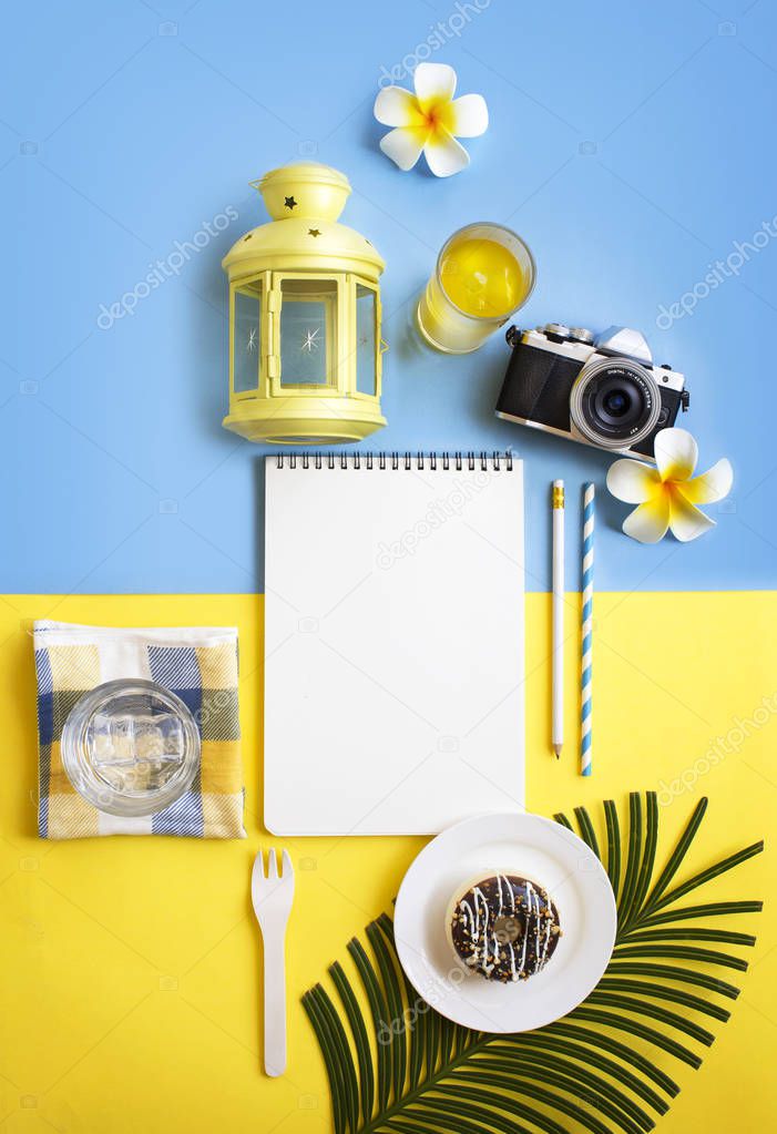 Flat lay view of travel vacation taking a break relaxation snack and drink time with related objects still life. Text space image.