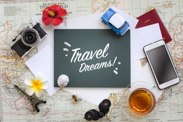 Flat Lay View Summer Vacations Planning Related Objects World Map — Stock Photo, Image