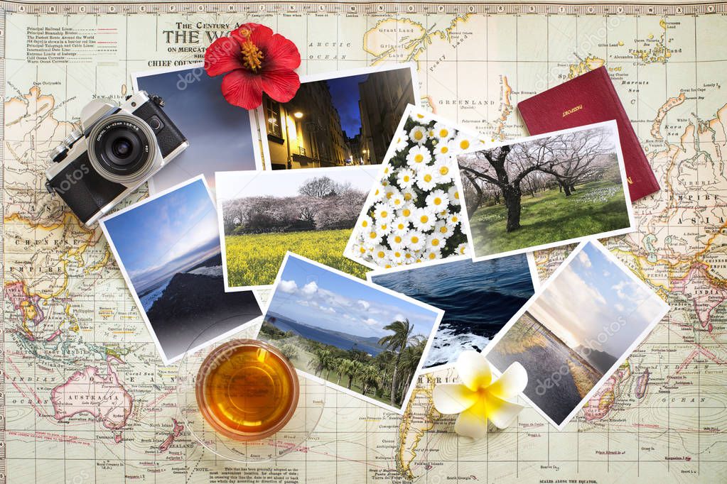 Holiday vacations in various country photograph showcase on world map background.