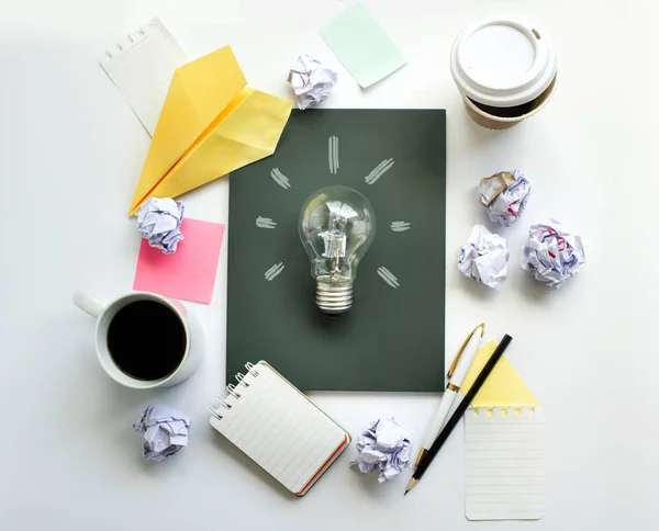 Flat lay meeting brain storming session table top view.