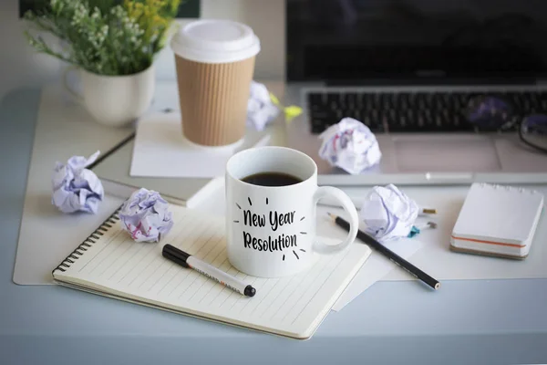 Messy Office Table Top Text Printed Coffee Mug New Year — Stock Photo, Image