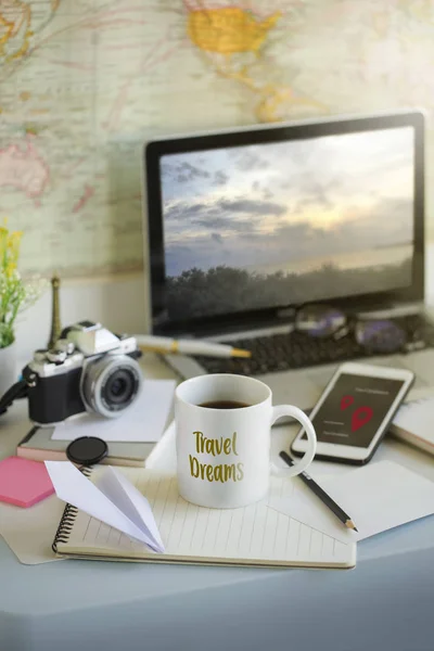 Office Table Top Travel Vacation Planning Coffee Cup Text Printed — Stock Photo, Image