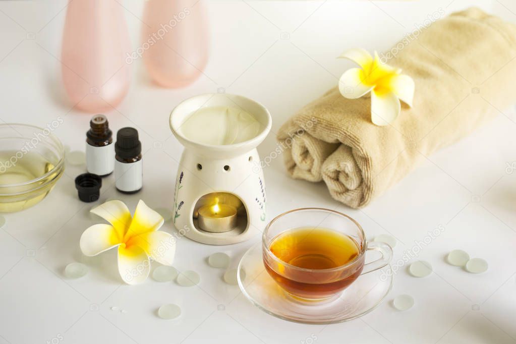 Spa center aromatherapy therapy beauty treatments objects table top.